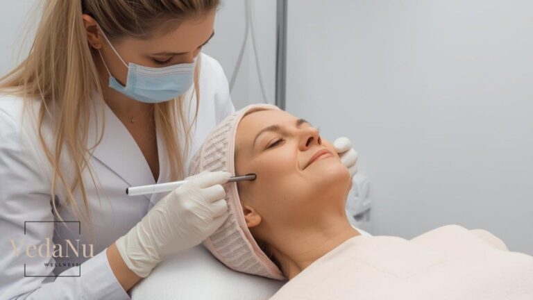 A plastic surgeon is checking a patient's facial features