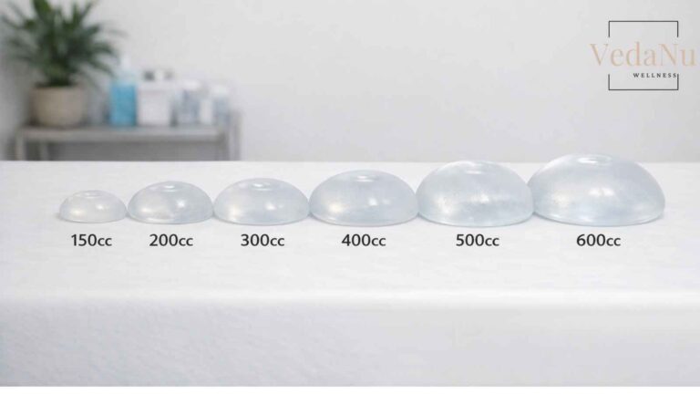 Breast implants from size 150 cc to 600cc laid out on a tabletop