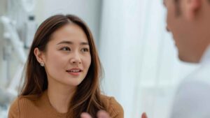 Image of a woman consulting breast implant options with a surgeon