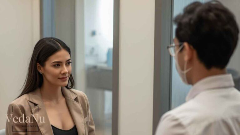 Image of a woman consulting with a plastic surgeon in a modern office