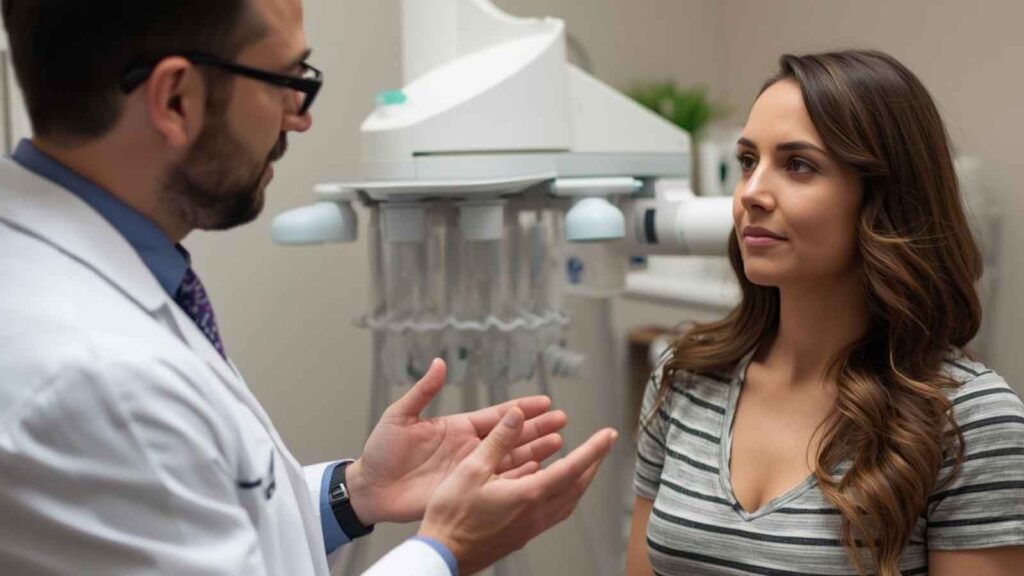 A female patient consulting with a male plastic surgeon