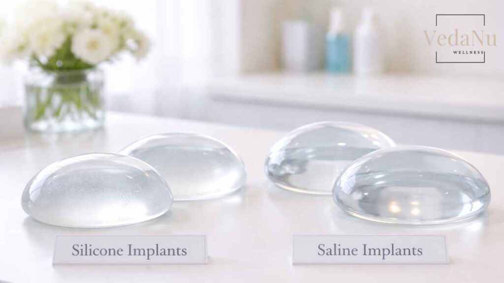 A pair of silicone and saline implants on a table top