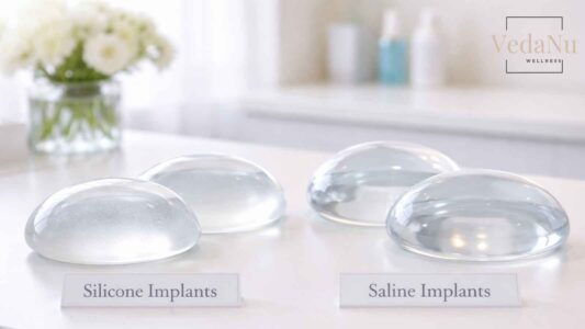 A pair of silicone and saline implants on a table top