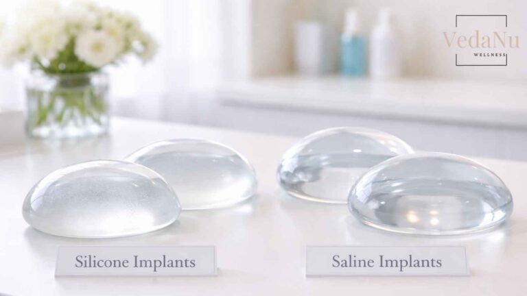 A pair of silicone and saline implants on a table top