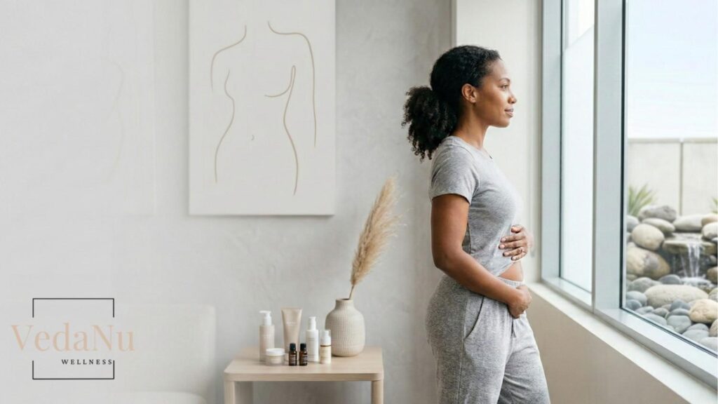 A woman in comfortable gray loungewear stands in profile next to a large window in a bright, modern clinical suite