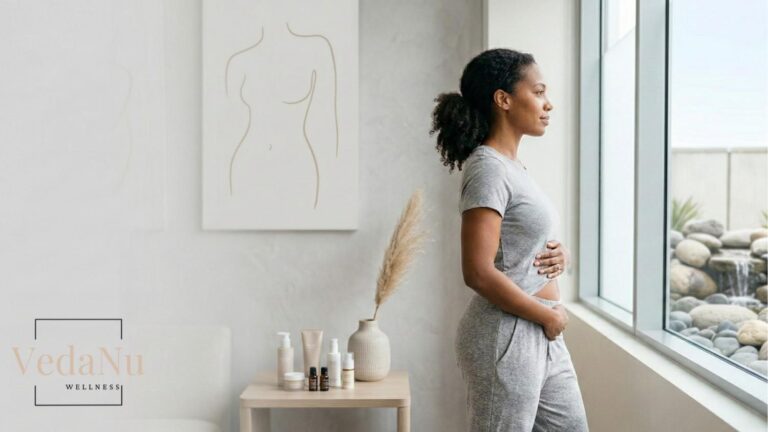 A woman in comfortable gray loungewear stands in profile next to a large window in a bright, modern clinical suite