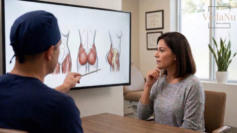 A patient intently listens to a surgeon during a consultation for buttock augmentation.