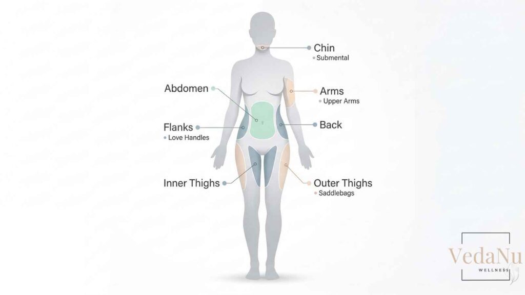 Common liposuction treatment areas on the body including abdomen, thighs, arms, and chin.