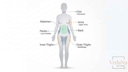Common liposuction treatment areas on the body including abdomen, thighs, arms, and chin.