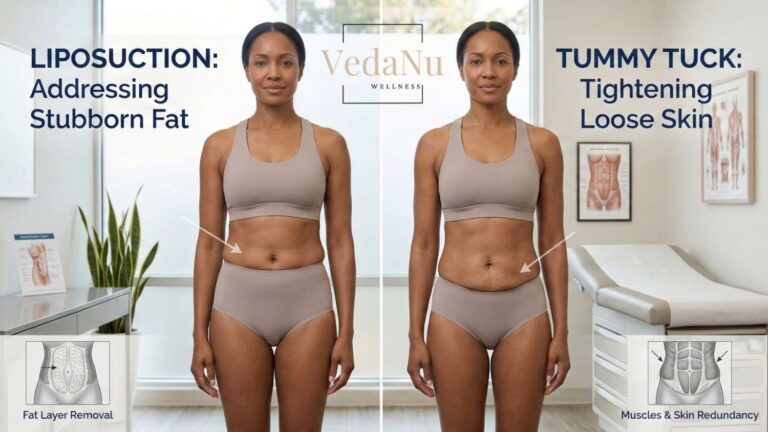 Liposuction and tummy tuck comparison diagram.