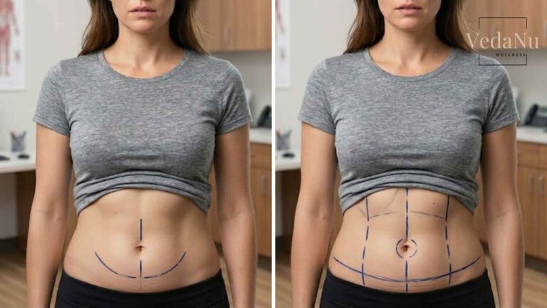 Side by side comparison of a mini vs full tummy tuck on a female patient