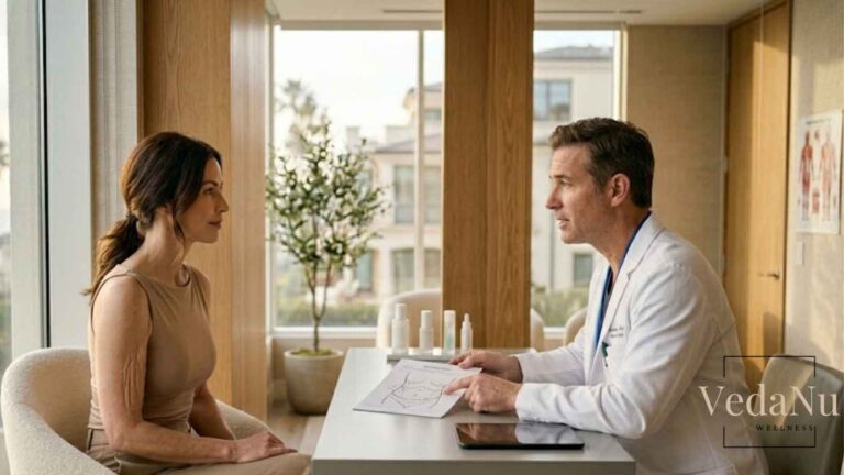 A female patient and a male doctor discuss a medical diagram during a consultation in a well-lit office.