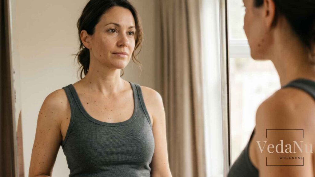 A woman in gray tank top standing in front of a mirror