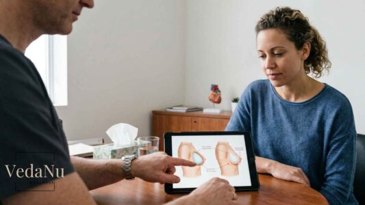 In a clean medical office with blank walls, a male plastic surgeon points to an anatomical diagram on a tablet while discussing a combined breast augmentation and lift procedure with a seated female patient.