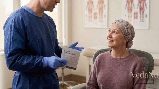 A plastic surgeon discusses aftercare with a patient who underwent a brow lift procedure