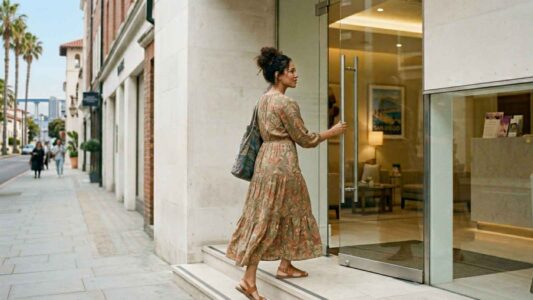 A woman in her 30s wearing a patterned, flowing casual dress is captured mid-step as she opens the glass door to enter a modern clinic lobby.