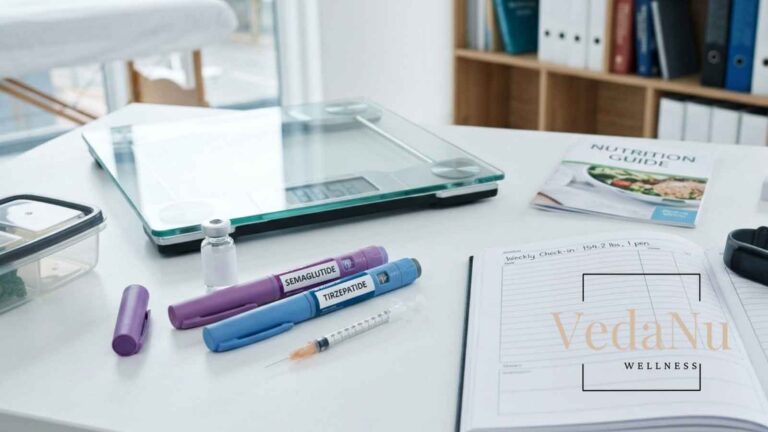 A white desk displaying GLP-1 medication pens, a digital weight scale, a fitness tracker, a nutrition guide, and a progress journal.