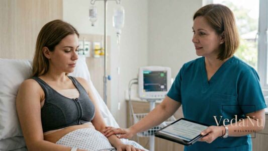 A nurse holds a tablet and speaks with a patient recovering from breast surgery in a hospital room.