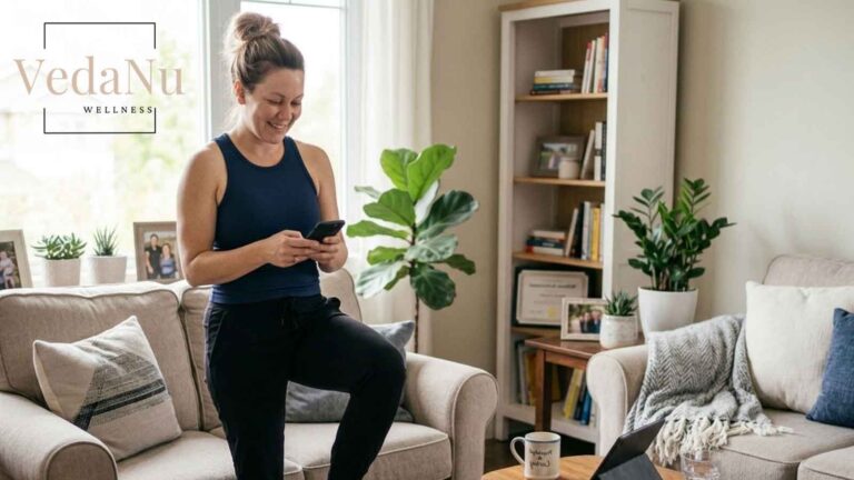A smiling female at home, looking at her phone in front of a coffee table with a personalized mug and a tablet on top