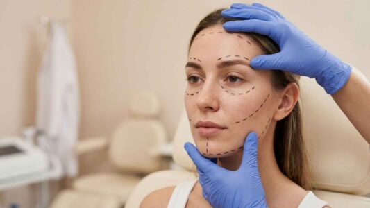 Patient receiving facial assessment markings before facelift surgery.