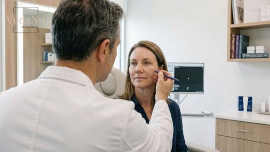 Patient receiving facial markings during a facelift planning appointment.