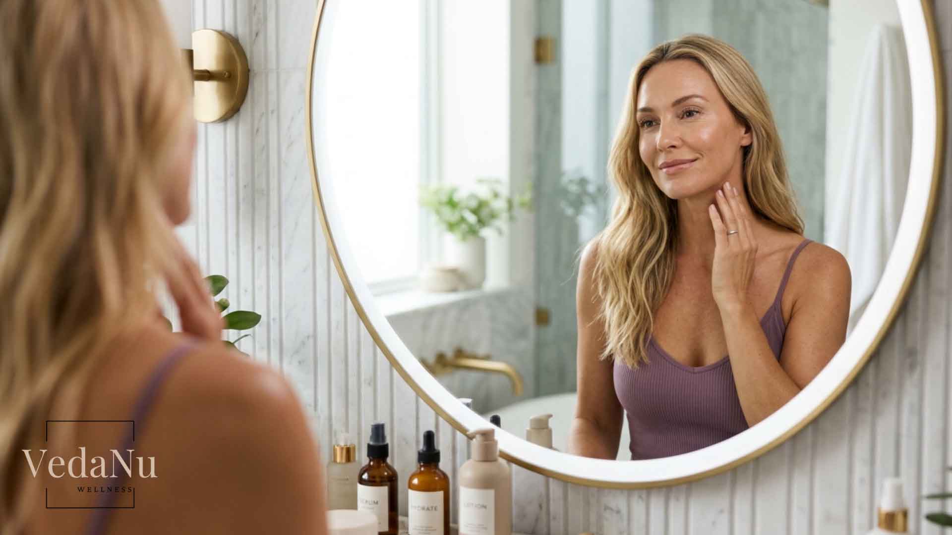 Adult woman examining her neck in a mirror as she recovers from a neck lift surgery.