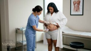 Patient receiving abdominal markings before a tummy tuck surgery.
