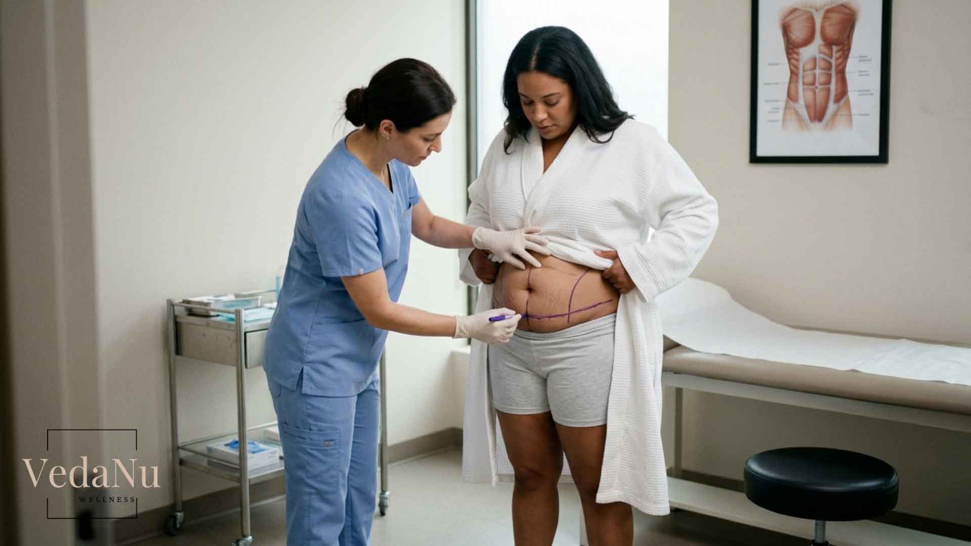 Patient receiving abdominal markings before a tummy tuck surgery.