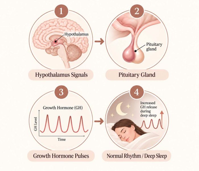 Growth hormone pathway showing hypothalamus signals, pituitary gland activation, growth hormone pulses, and increased release during deep sleep